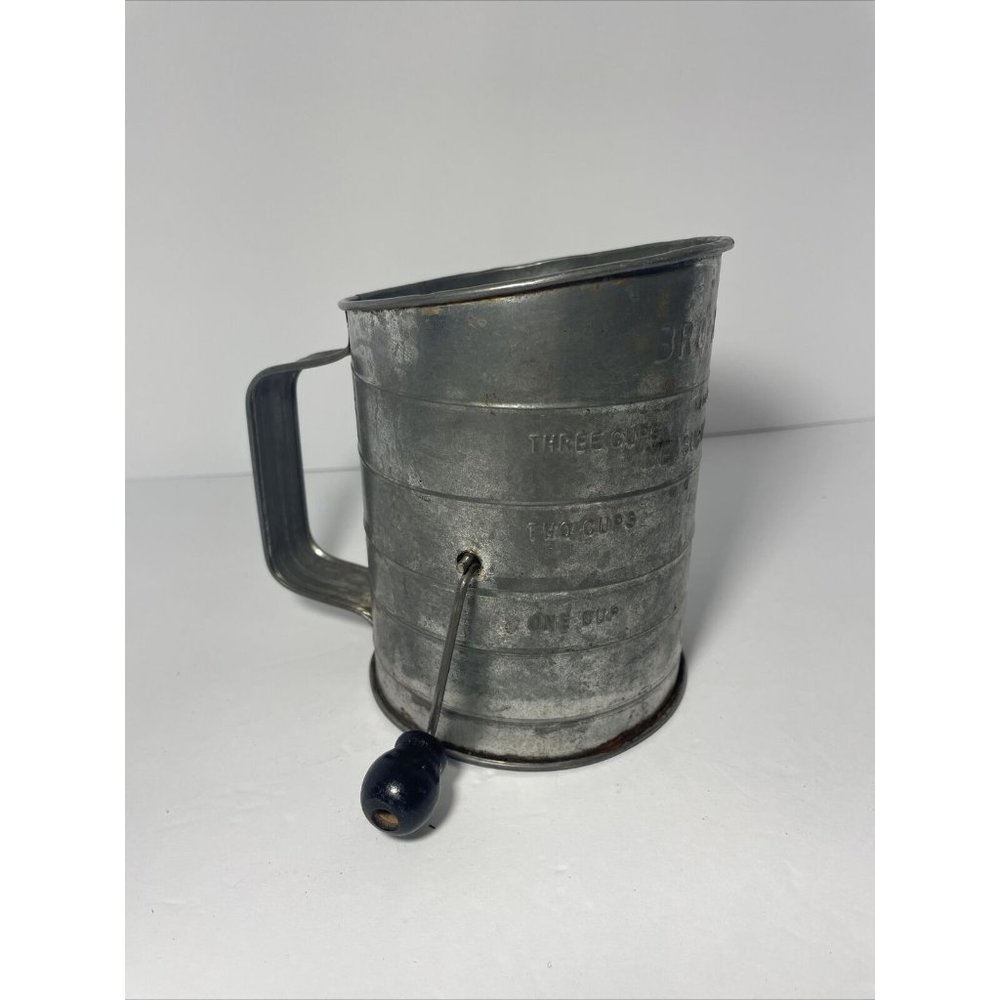 Vintage Bromwell Sifter - 3 Cup Measuring Flour Sifter w/ Wooden Knob Hand Crank